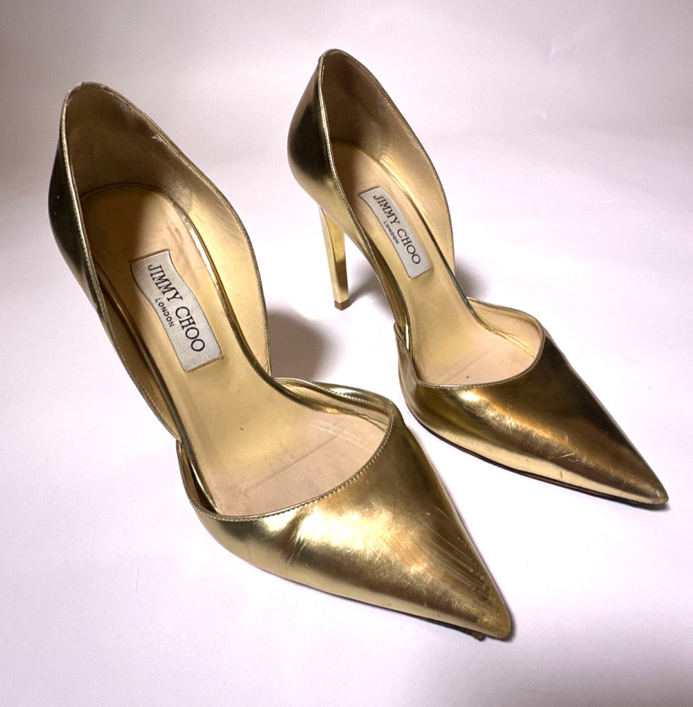 Jimmy Choo Gold Metallic Leather D'Orsay Pointed Toe Pumps Size 38.5 US 8 As Is